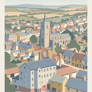May include: A digital art print featuring a high-angle view of the town of Halstead. The scene depicts a central church with a tall spire surrounded by multi-colored houses, rolling hills in the background, and the word HALSTEAD at the bottom.