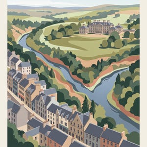 May include: A flat-style illustration of Dalkeith Town featuring a winding blue river flowing through a landscape of green hills, trees, and a large stone estate building. The foreground shows a dense cluster of town buildings with the text DALKEITH TOWN.