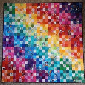 Handmade Rainbow Scrap Quilt: 52.5" x 52.5"