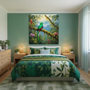 May include: A bedroom with a large framed artwork featuring a vibrant green and red quetzal bird perched on a mossy branch in a lush jungle setting. The bed has a green and white floral patterned duvet cover and pillows.