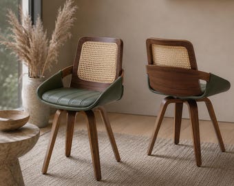 Walnut Rattan Back Swivel Dining Chairs Set of 2 with Arms