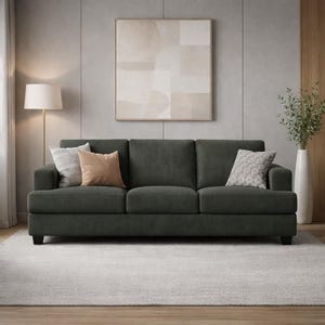 Dark green corduroy sofa front view, modern upholstered 3 seater couch, cozy minimalist home decor, stylish living room setup