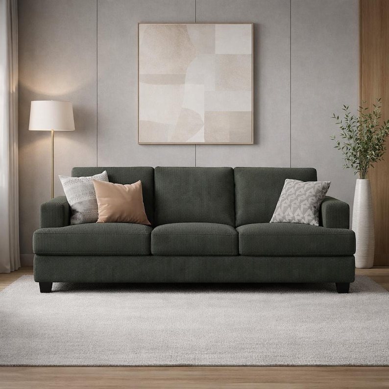 Dark green corduroy sofa front view, modern upholstered 3 seater couch, cozy minimalist home decor, stylish living room setup