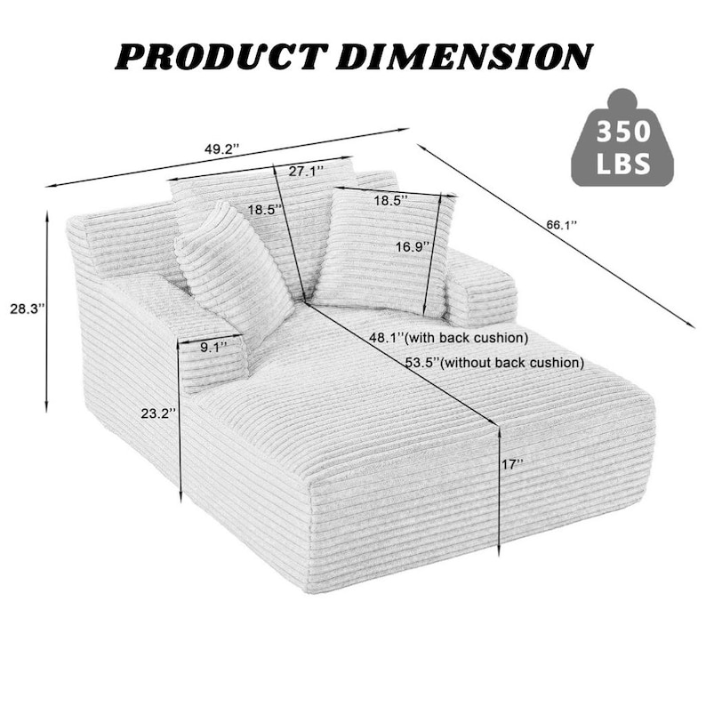 Chaise lounge product dimension diagram showing measurements and 350 lb weight capacity, with labeled size details.