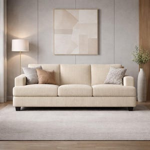 Cream corduroy sofa front view, neutral 3 seater couch with soft cushions, Scandinavian style living room furniture