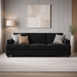 Black corduroy sofa, modern 3-seater couch, sleek dark upholstery, minimalist living room aesthetic, contemporary furniture design