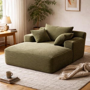 Olive green corduroy chaise lounge sofa with ribbed texture and matching cushions, styled in a cozy sunlit living room with beige rug, wood flooring, soft throw blanket, and warm natural light — modern modular floor lounger for minimalist home decor.