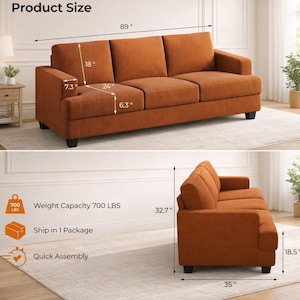 Orange sofa product size infographic, 89 inch 3 seater couch dimensions, modern sofa measurement guide, living room furniture specs