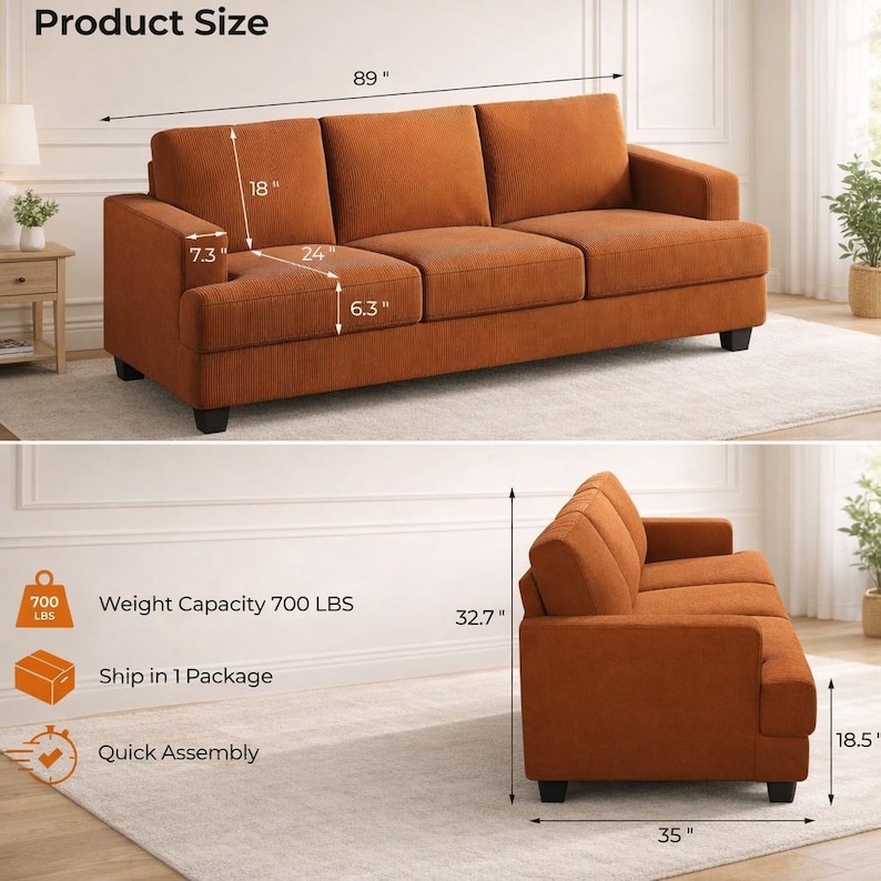 Orange sofa product size infographic, 89 inch 3 seater couch dimensions, modern sofa measurement guide, living room furniture specs