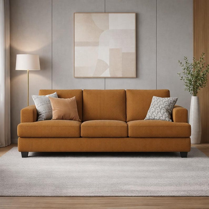 Burnt orange corduroy sofa, mid-century modern 3-seater couch, textured upholstery, minimalist living room decor, Scandinavian style