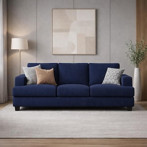 Navy blue corduroy sofa, modern minimalist couch, deep blue upholstery, Scandinavian living room decor, stylish 3-seat sofa