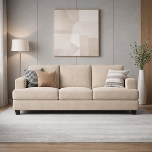 Beige corduroy sofa, neutral modern 3-seat couch, soft textured fabric, minimalist living room, Scandinavian home decor