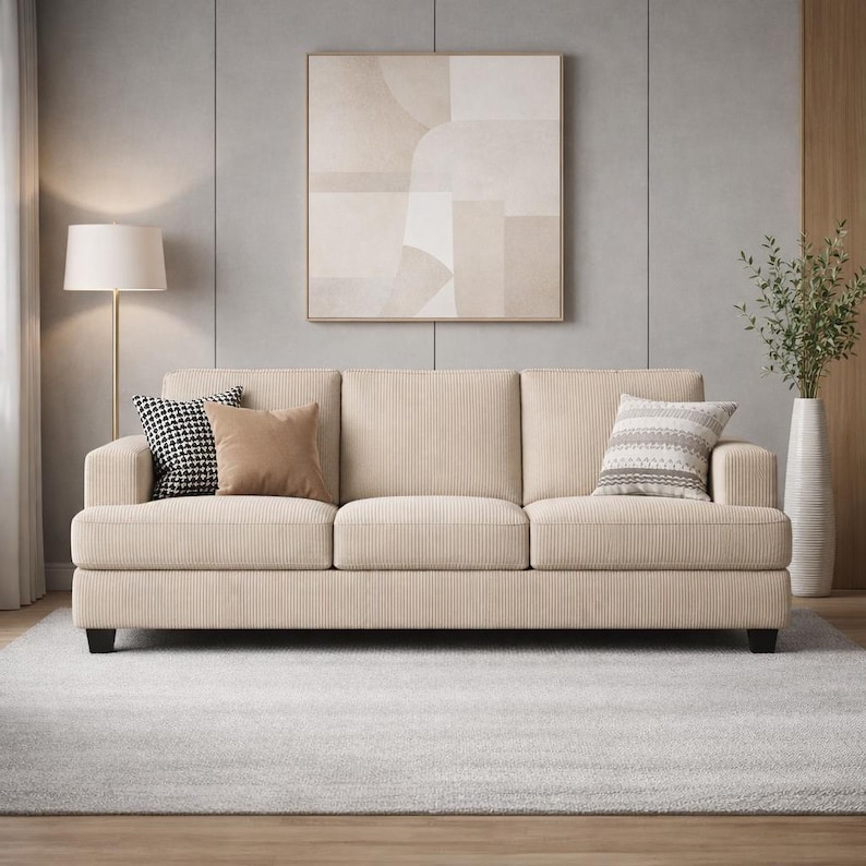 Beige corduroy sofa, neutral modern 3-seat couch, soft textured fabric, minimalist living room, Scandinavian home decor