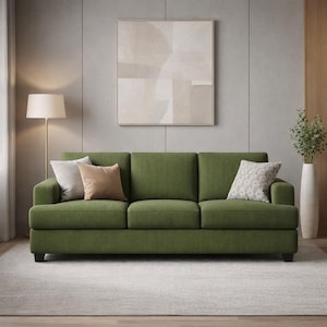 Olive green corduroy sofa front view, modern 3 seater couch with decorative pillows, minimalist living room setup