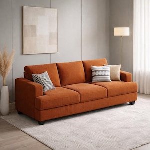 Burnt orange corduroy sofa, modern 3 seater couch with plush cushions, contemporary living room furniture, cozy minimalist decor