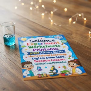 May include: A science-themed educational printable with the text "Science Experiment Worksheets Printable" and other related terms. A beaker with blue liquid sits next to the printable on a wooden surface. Fairy lights are in the background.