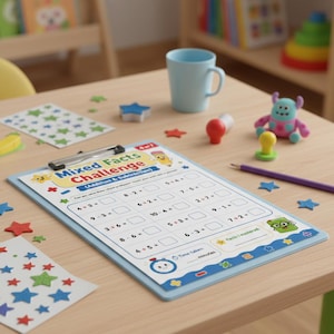 May include: A Mixed Facts Challenge worksheet for addition and subtraction, with a blue border, is on a wooden table. The worksheet has math problems and the text "Mixed Facts Challenge". Scattered around are star-shaped decorations, a blue mug, and a purple pencil.