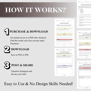 May include: A white graphic with the text "HOW IT WORKS?" and numbered steps: Purchase & Download, Download, and Post & Share. The image also includes worksheets and the text "Easy to Use & No Design Skills Needed!"