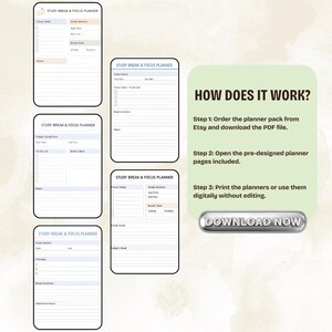 May include: A digital study planner pack with multiple pages, including focus tasks, study sessions, and break activities. The image also includes instructions on how to download and use the planner, with a "Download Now" button.