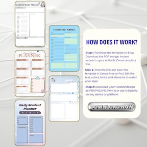 May include: A digital student daily planner template with various layouts. The image shows several planner designs in different colors, including blue, pink, and brown. Text on the image includes "Student Daily Planner" and instructions on how to use the template.