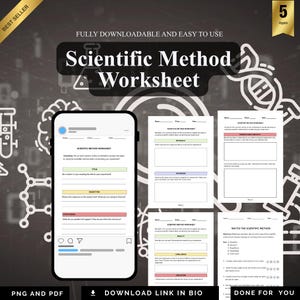 May include: A digital download product featuring a "Scientific Method Worksheet" with a smartphone mockup and several printed worksheets. The worksheets are designed for educational use, with sections for title, objective, and hypothesis. The image also includes the text "PNG and PDF".