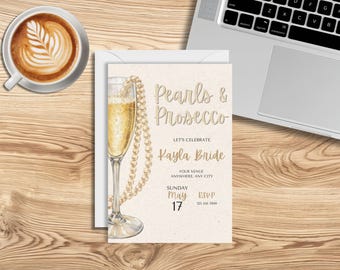 Bridal Shower Invitation Template, Pearls and Prosecco Theme, Editable Canva Invite (Digital Download)