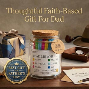 May include: A clear glass jar with a cork lid containing colourful paper strips. The label reads: READ ME WHEN... HAPPY, ANXIOUS, THANKFUL, LONELY, ANGRY, SAD. It includes the text: Cast all your anxiety on him because he cares for you.