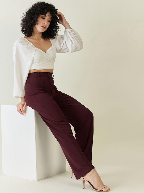 Burgundy Tailored Trousers, High Waisted Dress Pants, Minimalist Workwear  Slacks - Etsy