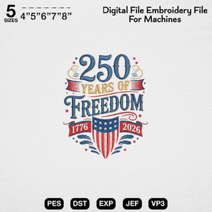USA:s 250-årsjubileumsmaskinbroderifil, broderidesign för frihet i femtioårsjubileum, sött bandmönster från 4 juli 1776 2026