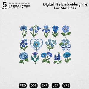 May include: Digital embroidery file for machines featuring various blue flower designs. Includes sizes 4", 5", 6", 7", and 8". The file formats are PES, DST, EXP, JEF, and VP3. The image shows a variety of floral embroidery patterns.