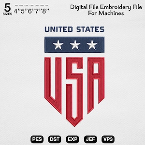 Fichier de broderie Machine universitaire USA, motif de broderie bouclier de sport des États-Unis, écusson athlétique patriotique rouge bleu, art du sweat-shirt du 4 juillet