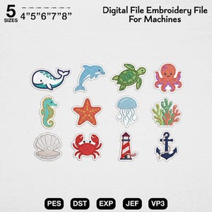 May include: Digital embroidery file featuring various sea creatures, including a whale, dolphin, turtle, octopus, seahorse, starfish, jellyfish, coral, clam, crab, lighthouse, and anchor. Available in 5 sizes, from 4" to 8". Includes PES, DST, EXP, JEF, and VP3 file formats.