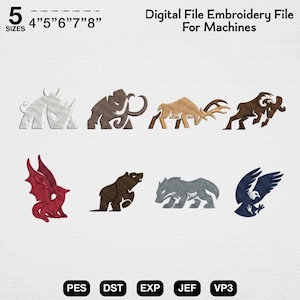 May include: A digital embroidery file for machines featuring eight animal designs including a white rhino, brown mammoth, tan elk, brown ram, red dragon, brown bear, grey wolf, and blue eagle. Text includes 5 SIZES 4" 5" 6" 7" 8" and PES DST EXP JEF VP3.