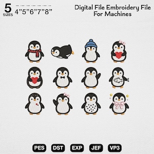 May include: Digital embroidery file featuring 12 cartoon penguins in various poses and accessories. The image includes the text "Digital File Embroidery File For Machines" and size options from 10.16cm to 20.32cm. File formats include PES, DST, EXP, JEF, and VP3.