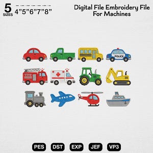 Transportation Embroidery Bundle,12 Mini Vehicle and Construction Cars Machine Embroidery File, Toddler Boy School Bus Excavator Pattern Set