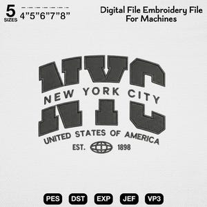 Retro NYC Maschinenstickdatei, Varsity Block Schrift New York Stickdatei, Niedliches Schwarz Holzkohle Stadt Layout