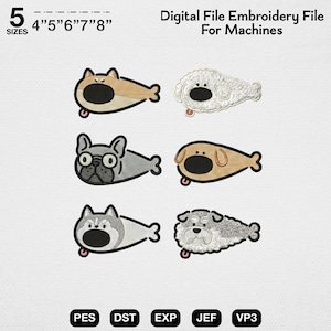 Archivo de bordado a máquina de perro y pez divertido, paquete de bordado de meme de cachorro gracioso, diseño híbrido de animales kawaii, patrón de sudadera con capucha de caniche francés peculiar