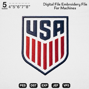 May include: A digital embroidery file for machines featuring a shield-shaped emblem with the text USA in dark blue at the top and five vertical red stripes below. The design is available in 5 sizes ranging from 4 inches to 8 inches, with file formats PES, DST, EXP, JEF, and VP3.