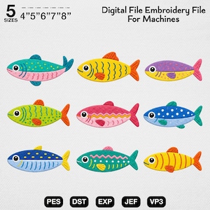 以下が含まれることがあります： 9種類のカラフルな魚のデザインが施された機械用デジタル刺繍ファイル。テキストには「5 SIZES 4" 5" 6" 7" 8"」、「Digital File Embroidery File For Machines」、およびファイル形式「PES」「DST」「EXP」「JEF」「VP3」が含まれています。