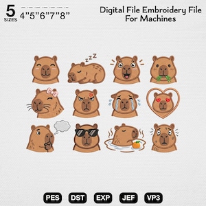 Op de afbeelding: Digitaal borduurbestand met capybara-ontwerpen met verschillende uitdrukkingen. De afbeelding toont maten van 10 tot 20 cm. Bestandsformaten: PES, DST, EXP, JEF en VP3.