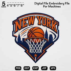 New York Basketball Machine Embroidery File,Varsity Sports Crest Embroidery Design,Cute Orange Blue City Skyline Pattern,Custom Fan Gear Art