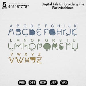 May include: A digital embroidery file for machines featuring an alphabet where each letter is stylised as a cat. The letters A through K are blue, L through U are sage green, and V through Z are gold. Text includes 5 sizes 4" 5" 6" 7" 8" and file formats PES, DST, EXP, JEF, VP3.