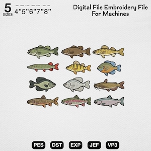 May include: Digital embroidery file for machines featuring 12 different fish designs in various colors. The file includes sizes 4", 5", 6", 7", and 8" and is available in PES, DST, EXP, JEF, and VP3 formats.