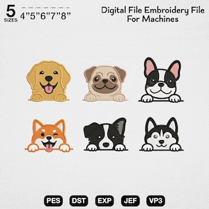 Op de afbeelding: Een digitaal borduurbestand voor machines met zes hondenrassen: golden retriever, mopshond, Franse bulldog, shiba inu, border collie en husky. De tekst luidt 5 SIZES 4" 5" 6" 7" 8" Digital File Embroidery File For Machines PES DST EXP JEF VP3.