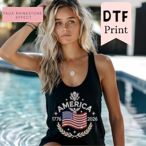 America 250th Flag  Graphic Print Tank Top, 1776 2026 Anniversary Racerbank Tank, American Flag Ladies ( Flat Print-Not Real Rhinestones)