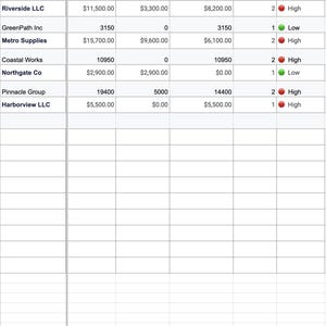 May include: A customer summary table with columns for Customer Name, Total AR, Total Paid, Outstanding, # Invoices, and Risk Rating. Data includes company names like Summit Builders and Metro Supplies, with financial figures and risk assessments.
