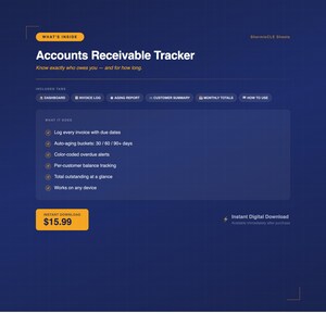 May include: A digital Accounts Receivable Tracker on a dark blue background. The text includes "Accounts Receivable Tracker" and "Know exactly who owes you - and for how long." Features include invoice logging, aging reports, and customer summaries.