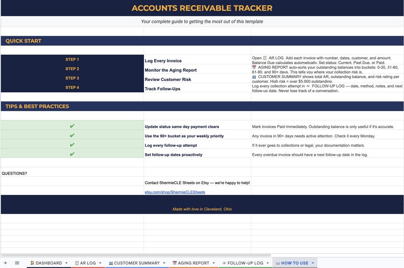 May include: Accounts Receivable Tracker template with a navy blue and white design. The template includes sections for quick start instructions, tips, and best practices. The text includes instructions on logging invoices, monitoring reports, and tracking follow-ups.