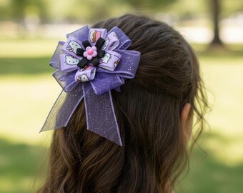 Fiocco rosa Hello Kitty viola: fiocco per capelli viola glitterato fatto a mano – fiocco da boutique per ragazze con nastro scintillante – fermaglio per capelli personalizzato per ragazze