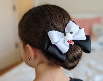Set di fiocchi per capelli e orecchini Pochocco in bianco e nero / Fiocco artigianale da boutique per bambine con orecchini abbinati / Fermaglio per capelli con personaggio per bambini